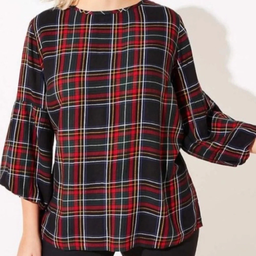 NWT LOFT Plaid Button Back Balloon Sleeve Blouse